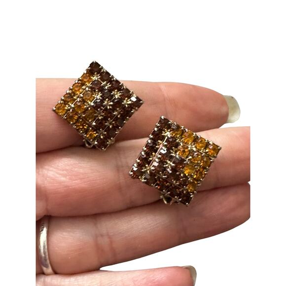 Vintage Dual Orange Brown Rhinestone Clip On Earrings - Picture 2 of 5